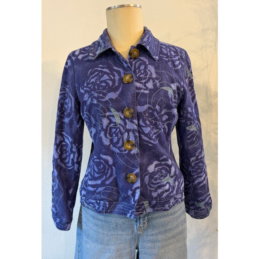 Requirements Blue Linen Blend Floral Embroidered Jacket Blazer Women's Medium